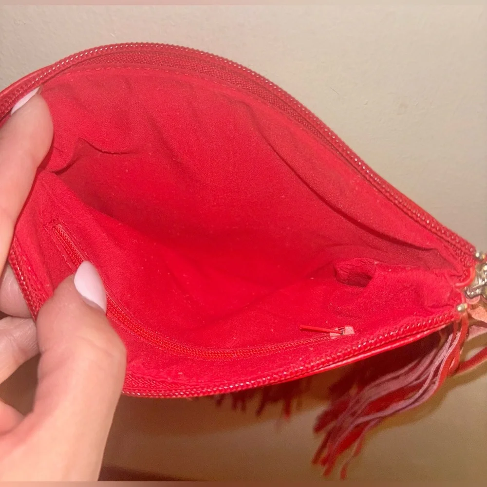 New Genuine Leather Cowhide Tooled Cross Body Fringe Purse Red Brown Western